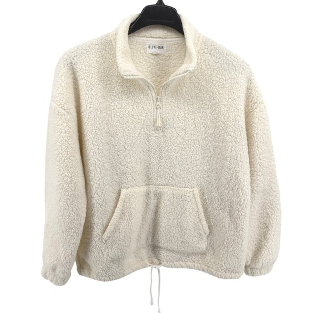 OLIVE OAK‎ Womens "M" Pre-Owned Cream Faux Fur Sherpa Fleece 1/4 Zip Sweatshirt